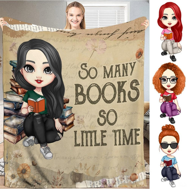 Personalized Dark Haired Girl Reading Book Throw Blanket - Book Lover