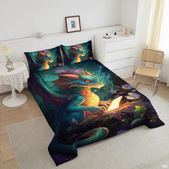 Top angle perspective of emerald dragon fantasy bedding showing vivid seafoam wings, scales, and stardust prints.