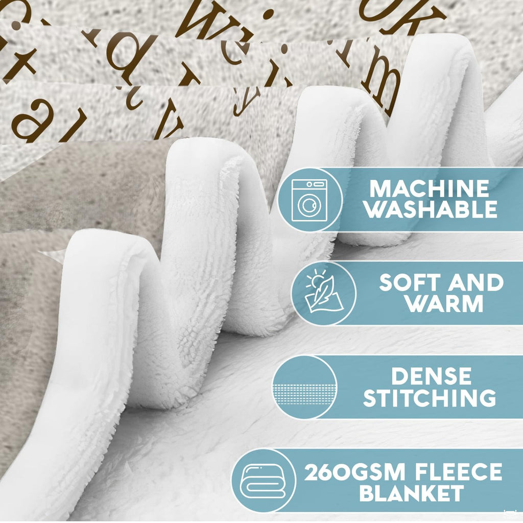 Product feature icons and details for winged infant footprints blanket.
