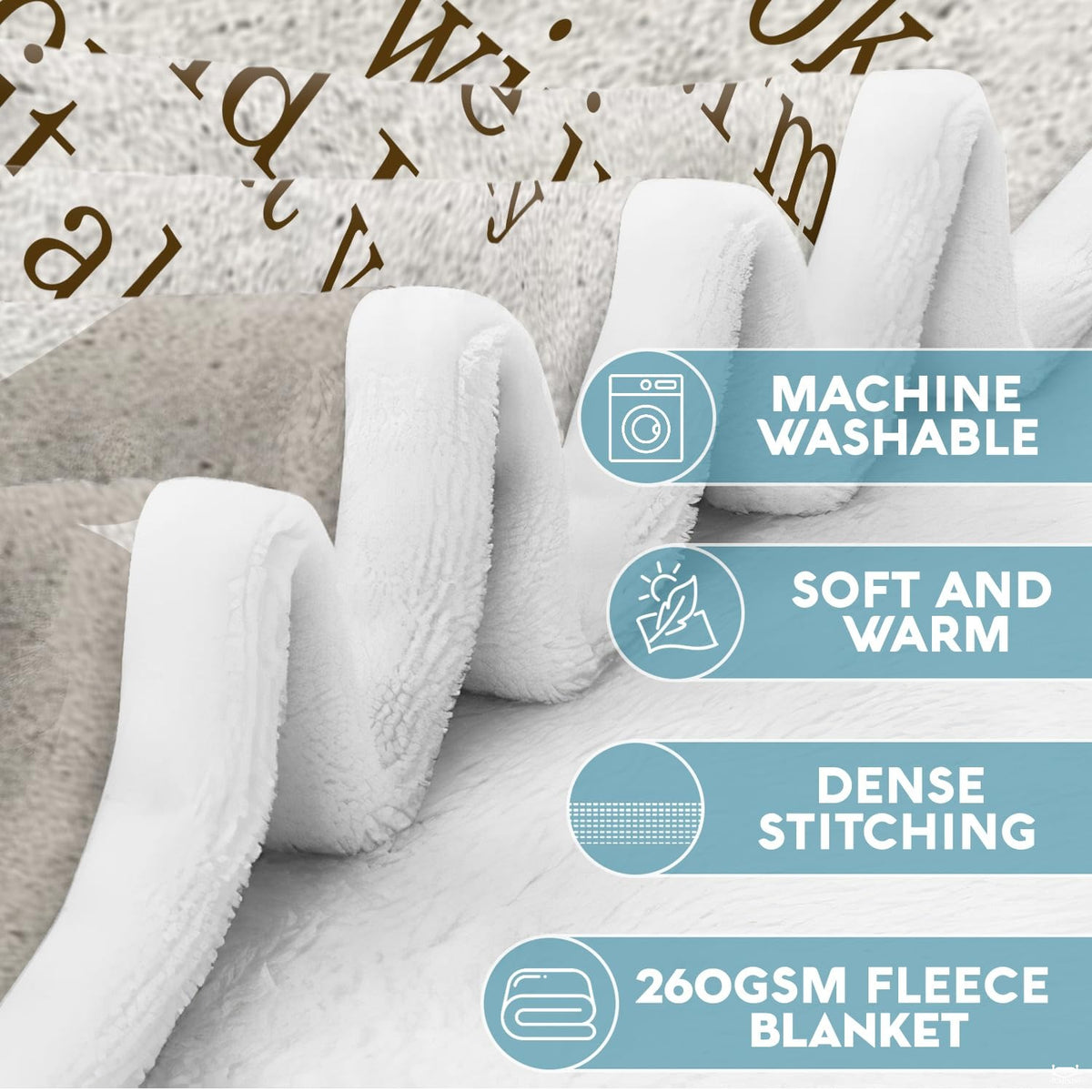 Product feature icons and details for winged infant footprints blanket.