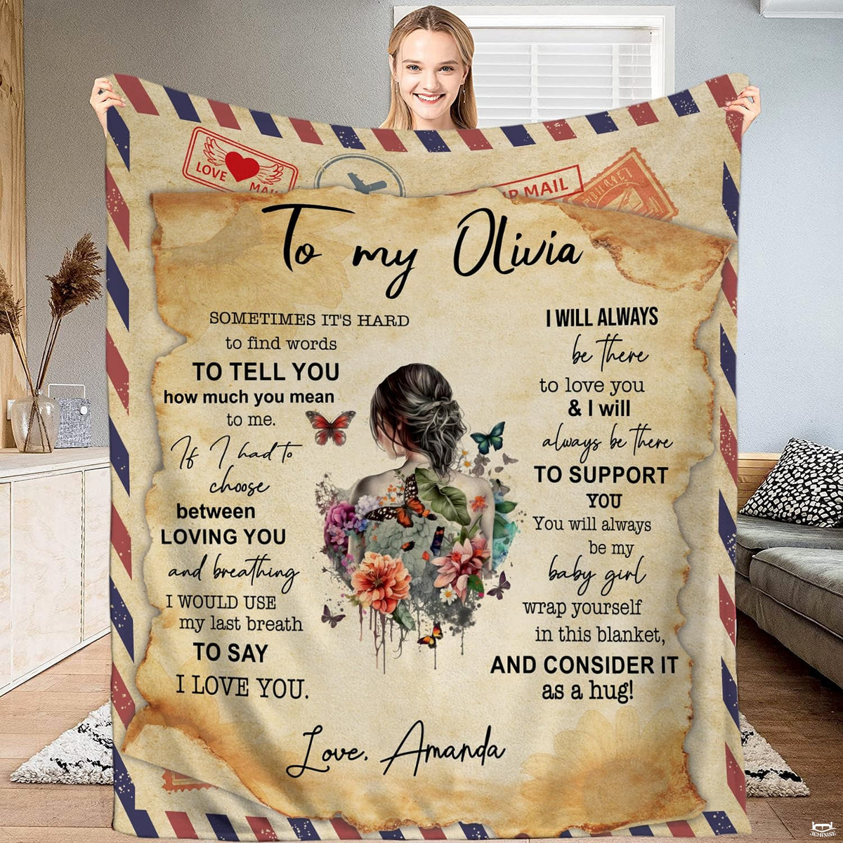 Daughter love letter throw blanket featuring vintage airmail envelope, burnt parchment, and floral butterfly art