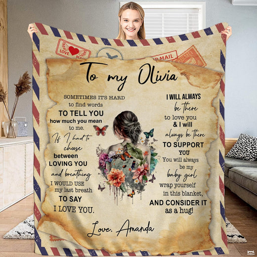 Daughter love letter throw blanket featuring vintage airmail envelope, burnt parchment, and floral butterfly art