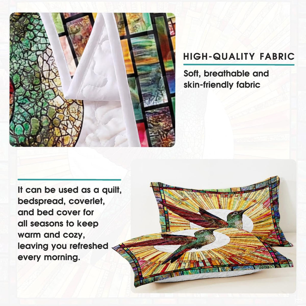 Pillow display with hummingbird and radiating mosaic border
