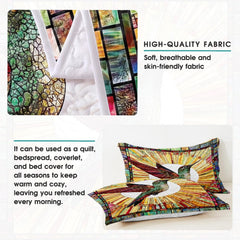 Pillow display with hummingbird and radiating mosaic border