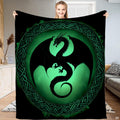 Emerald Celtic dragon bedding set displayed in a dramatic green fantasy bedroom setting.