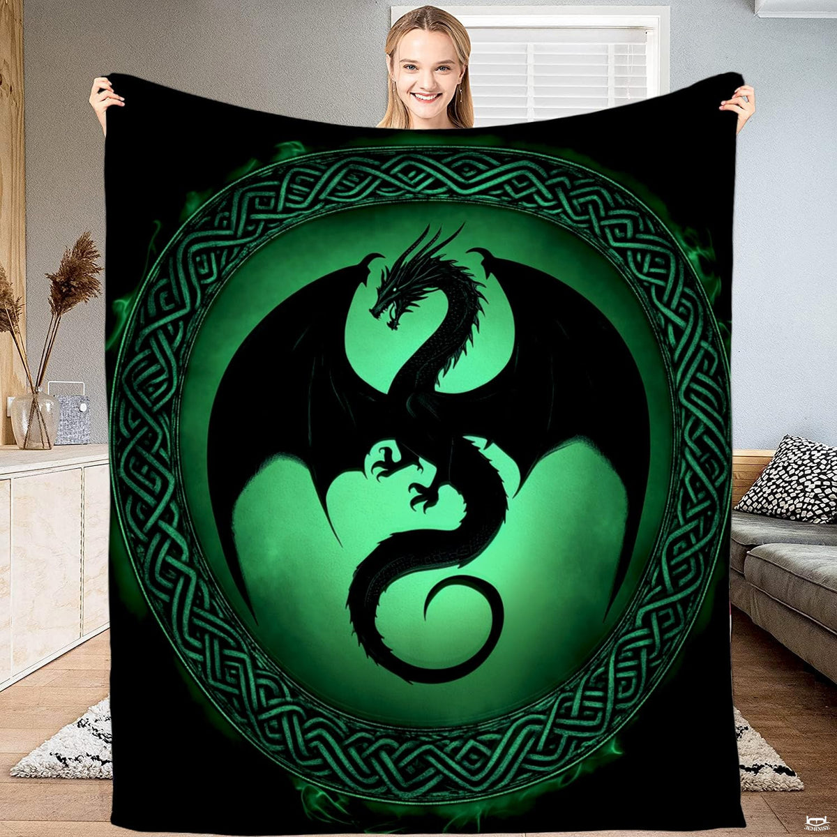 Emerald Celtic dragon bedding set displayed in a dramatic green fantasy bedroom setting.