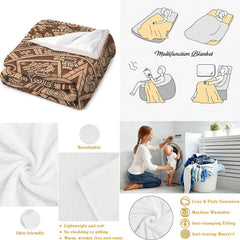 Folded textile display beside lifestyle activity illustrations and domestic appliance.