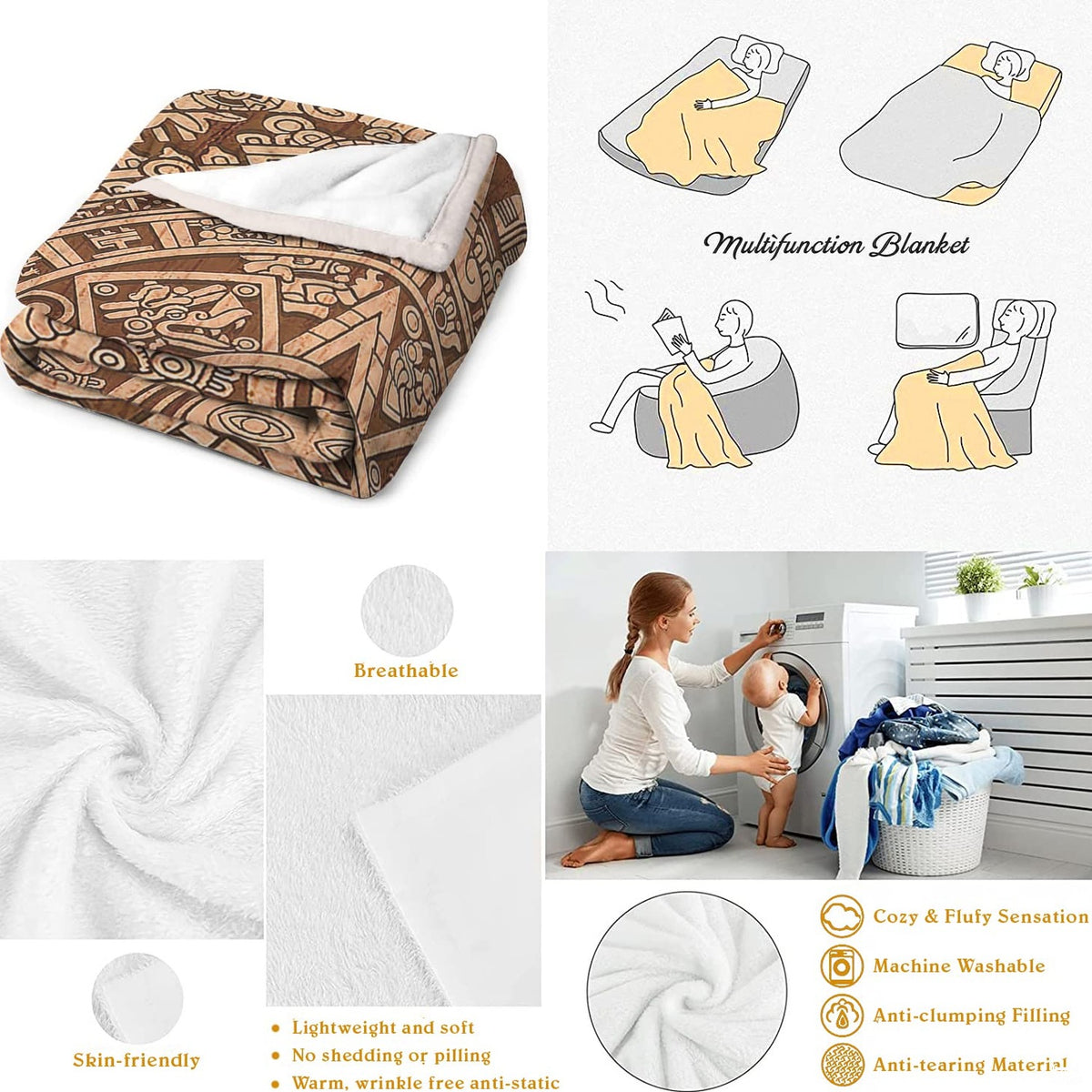 Folded textile display beside lifestyle activity illustrations and domestic appliance.