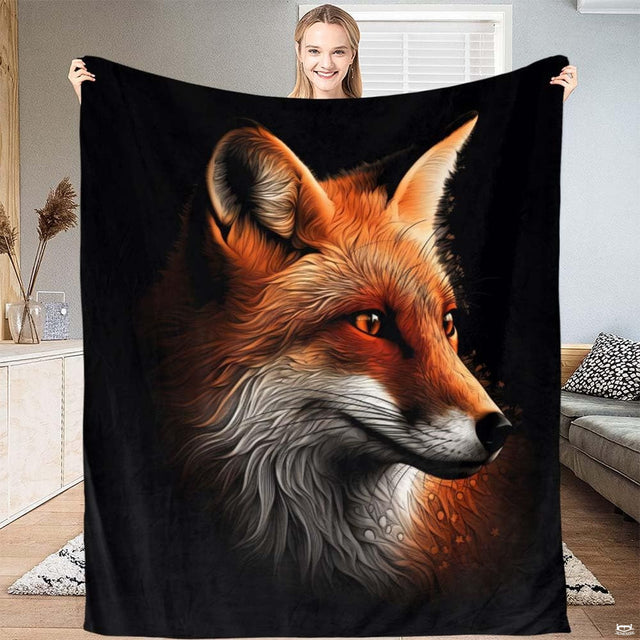 Wild red fox bedding set showing illustrative portrait of a fox with amber eyes on black background.