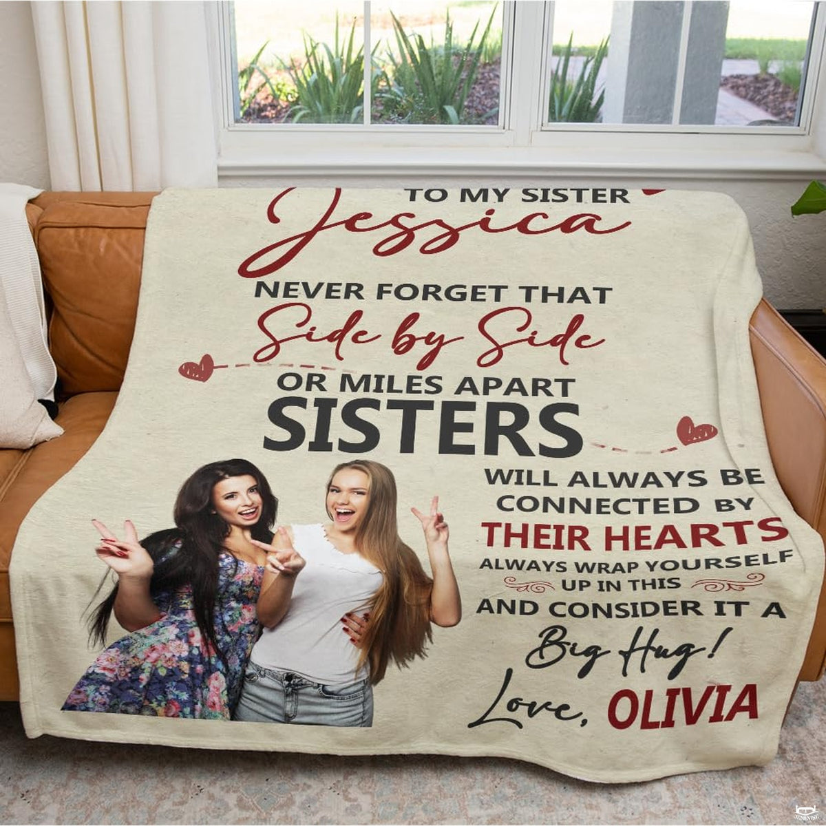 Full display of commemorative photo graphic blanket spread neatly over an indoor armchair.