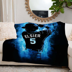 Baseball batter poised with bat surrounded by swirling electric blue smoke against black background, view 6.