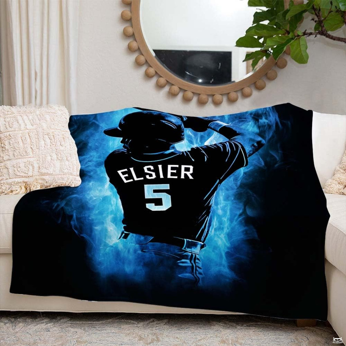 Baseball batter poised with bat surrounded by swirling electric blue smoke against black background, view 6.