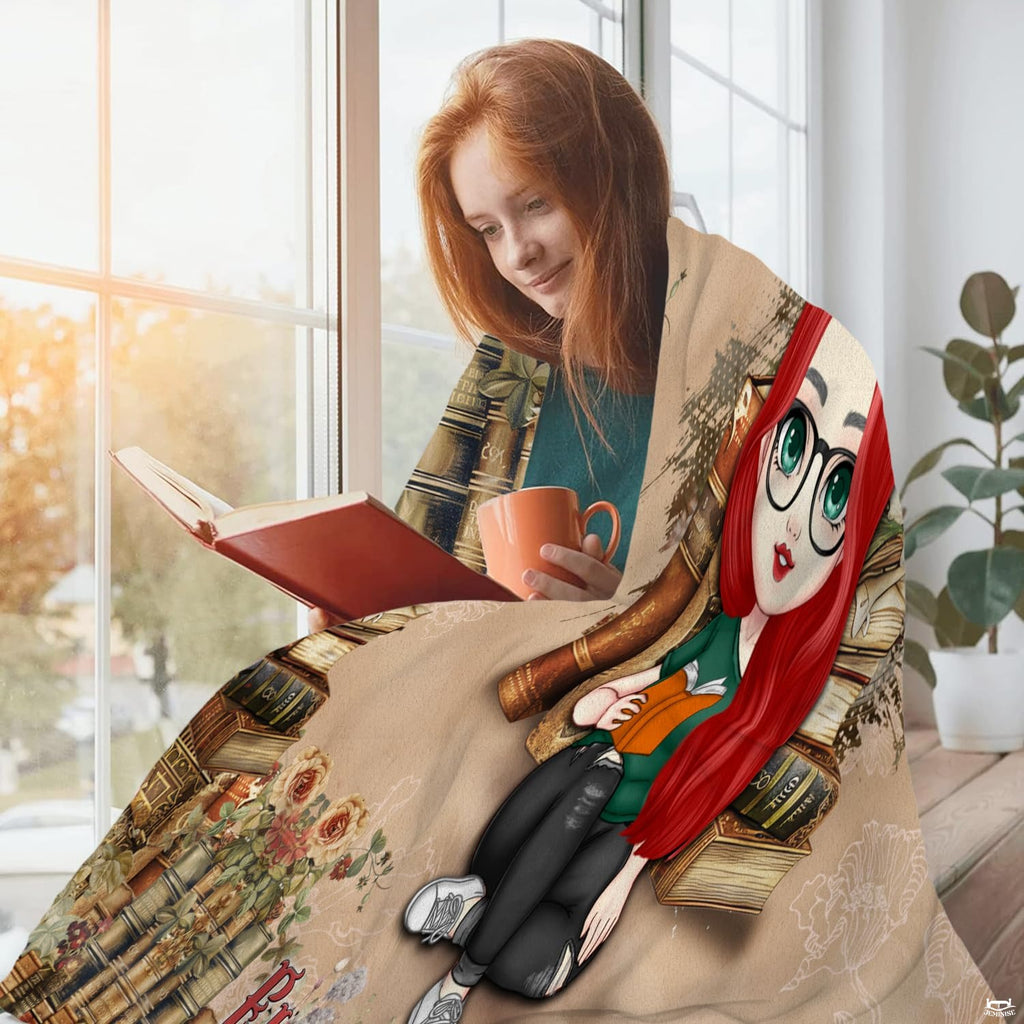 Cartoon red-haired girl with glasses reading among vintage book borders, view 4.