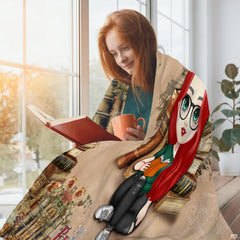 Cartoon red-haired girl with glasses reading among vintage book borders, view 4.