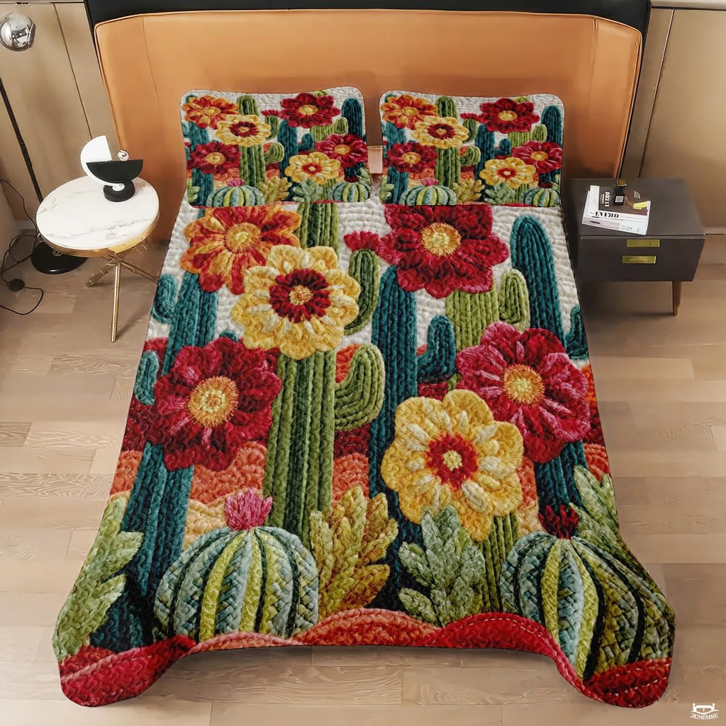 Personalized Vibrant Cactus Flower Quilt Set, Machine Washable