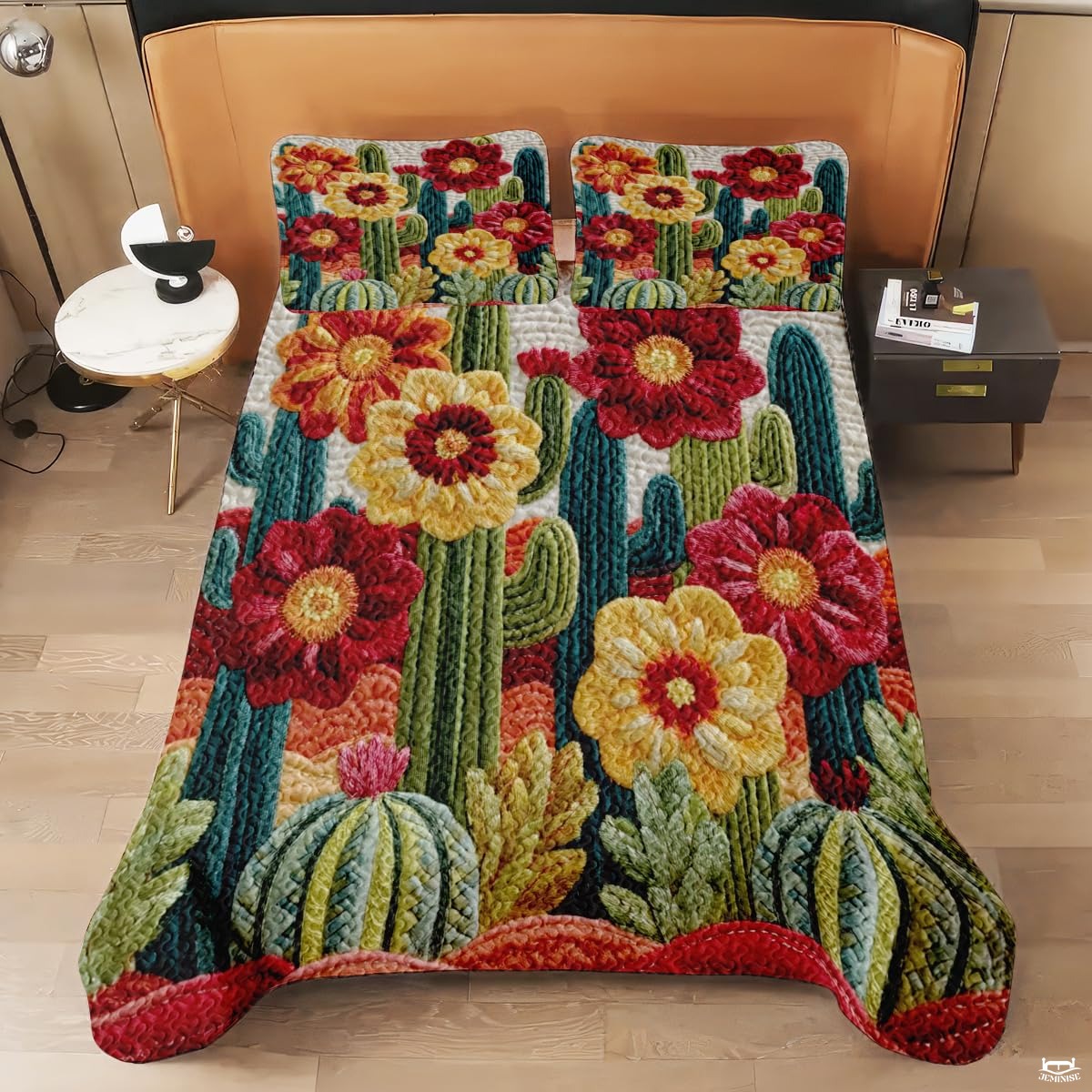 Personalized Vibrant Cactus Flower Quilt Set, Machine Washable