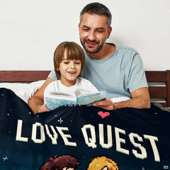Co-op video thematic accent inspired bedding set displayed in a modern gamer couple bedroom setup.