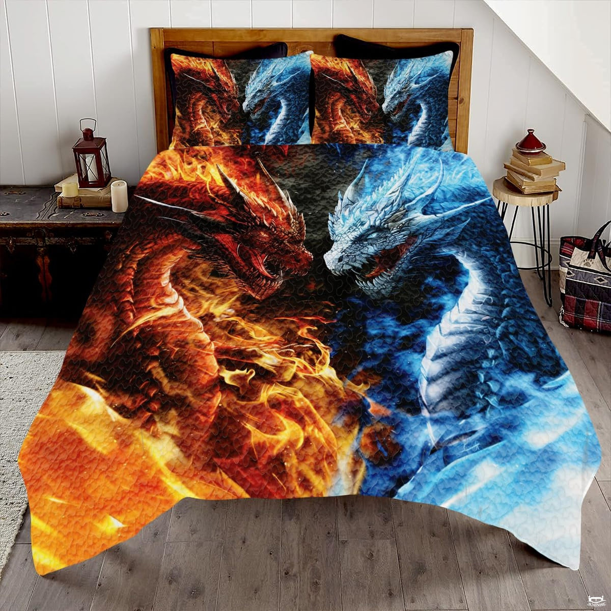Red fire dragon and blue ice dragon facing each other across a bed display