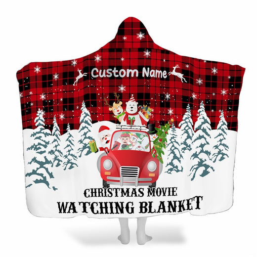 Holiday Santa car and reindeer throw blanket with red buffalo plaid and snowy pine forest