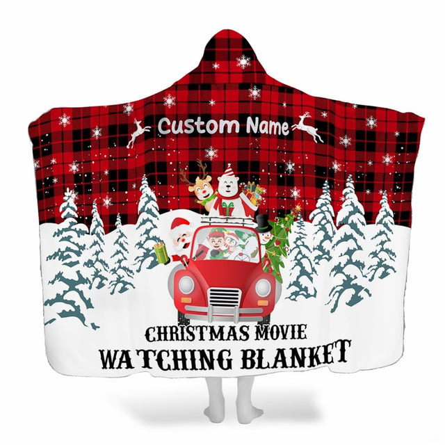 Holiday Santa car and reindeer throw blanket with red buffalo plaid and snowy pine forest
