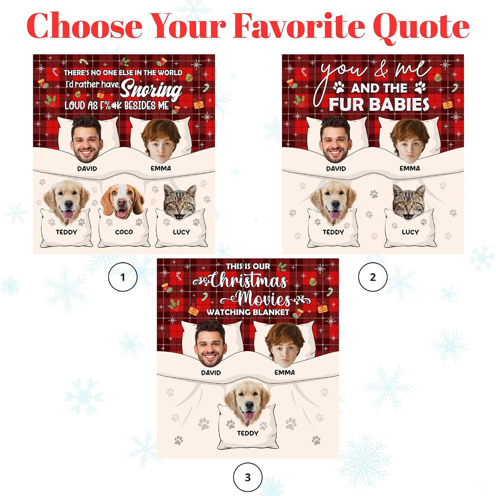 Christmas pet family throw blanket view 5 highlighting couple and pet portraits, bedtime pillows, and red plaid