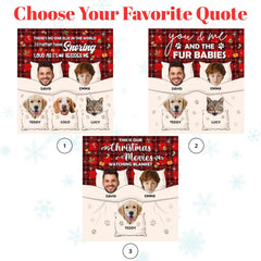 Christmas pet family throw blanket view 5 highlighting couple and pet portraits, bedtime pillows, and red plaid