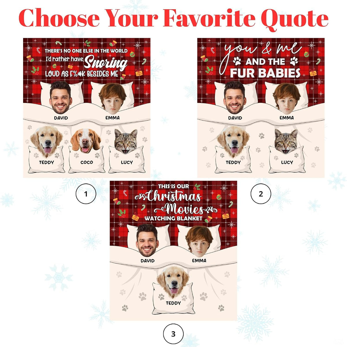 Christmas pet family throw blanket view 5 highlighting couple and pet portraits, bedtime pillows, and red plaid