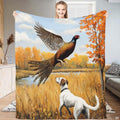 Scenic oil painting of flying ringneck pheasant and attentive white pointer dog in autumn field, view 1.