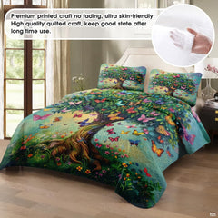 Top-down view of tree of life bedding set highlighting detailed butterfly branches and chartreuse olive borders.