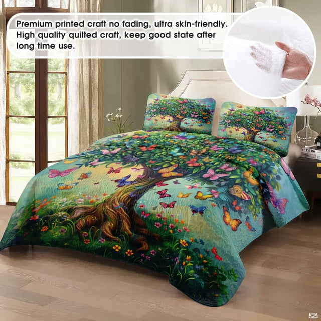 Top-down view of tree of life bedding set highlighting detailed butterfly branches and chartreuse olive borders.