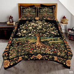 Nature Tree of Life Quilt Set with Blooming Tree and Bedroom And Exposed Roots