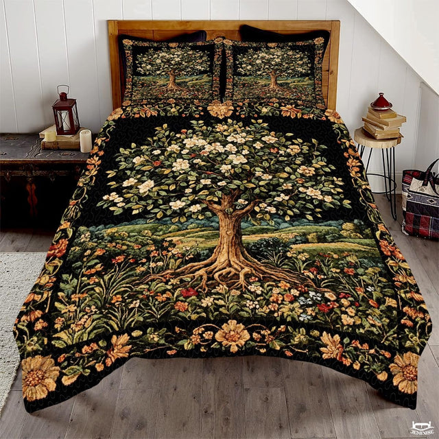 Nature Tree of Life Quilt Set with Blooming Tree and Bedroom And Exposed Roots