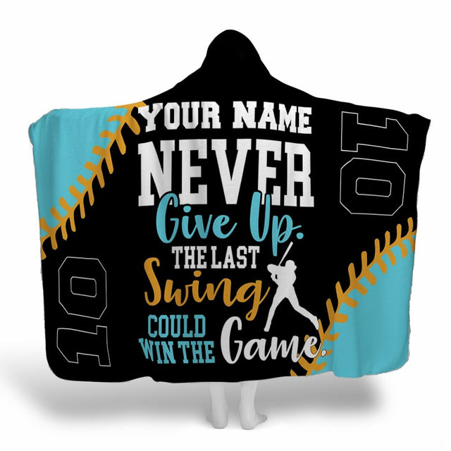Softball baseball blanket featuring batter silhouette, turquoise ball curves, and athletic collegiate lettering.