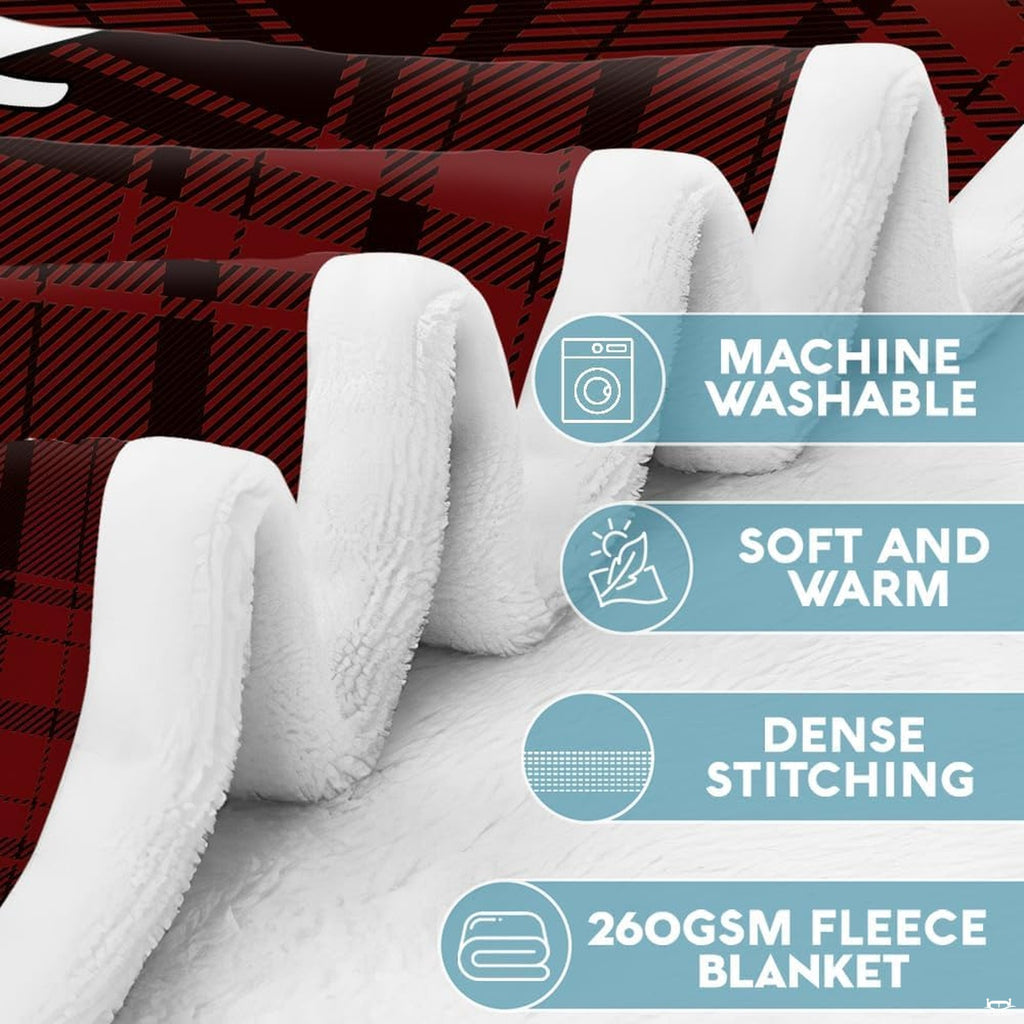 Detailed folded edge of red tartan textile beside circular icons