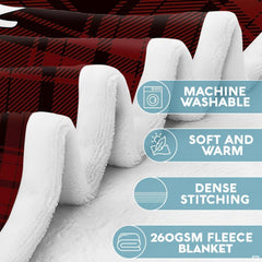 Detailed folded edge of red tartan textile beside circular icons