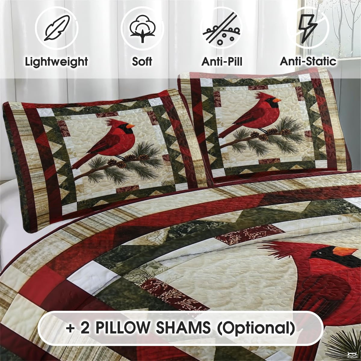 Matching pillowcase detail for woodland bedding set showing coordinating patchwork blocks and songbird print