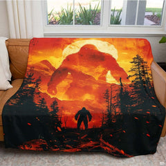Fiery Bigfoot Sasquatch towering over mountain ridges and pine trees, view 4.