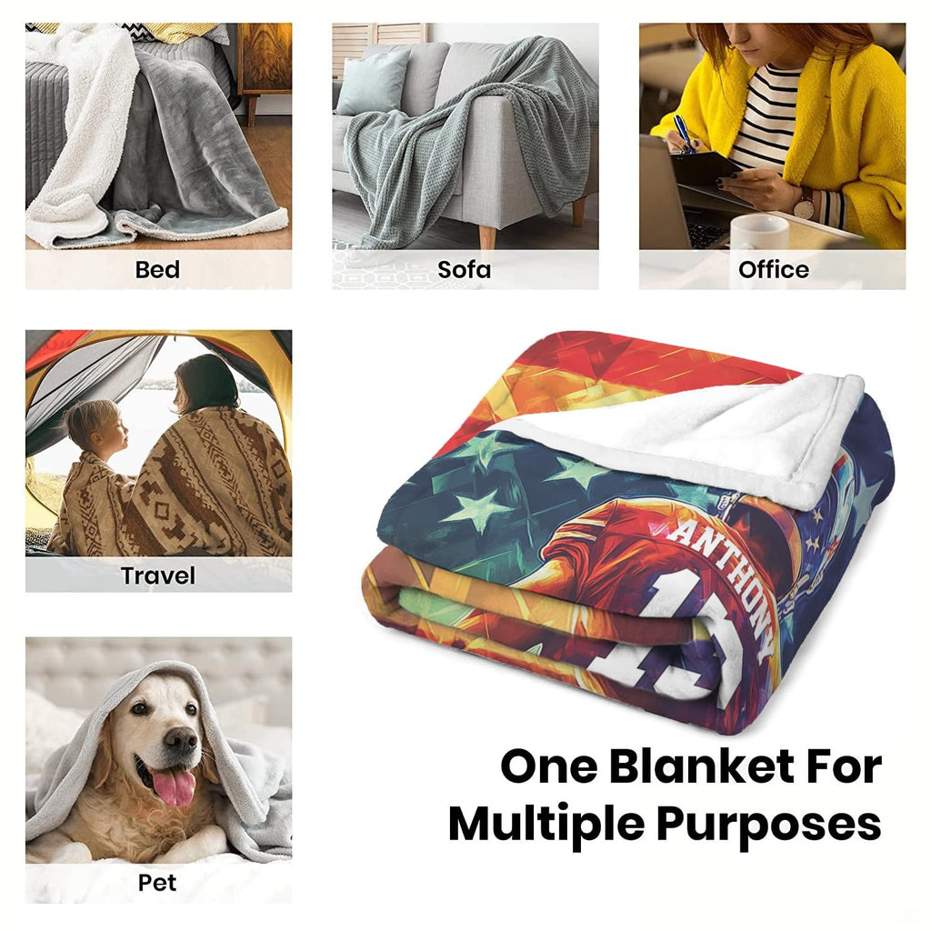 Infographic showing diverse versatile uses for folded patriotic football sports blanket