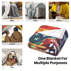 Infographic showing diverse versatile uses for folded patriotic football sports blanket
