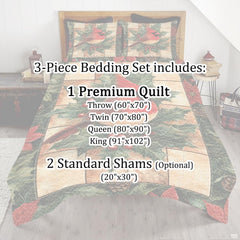 Full room setting featuring red cardinal songbird bedding as the centerpiece of a nature inspired bedroom