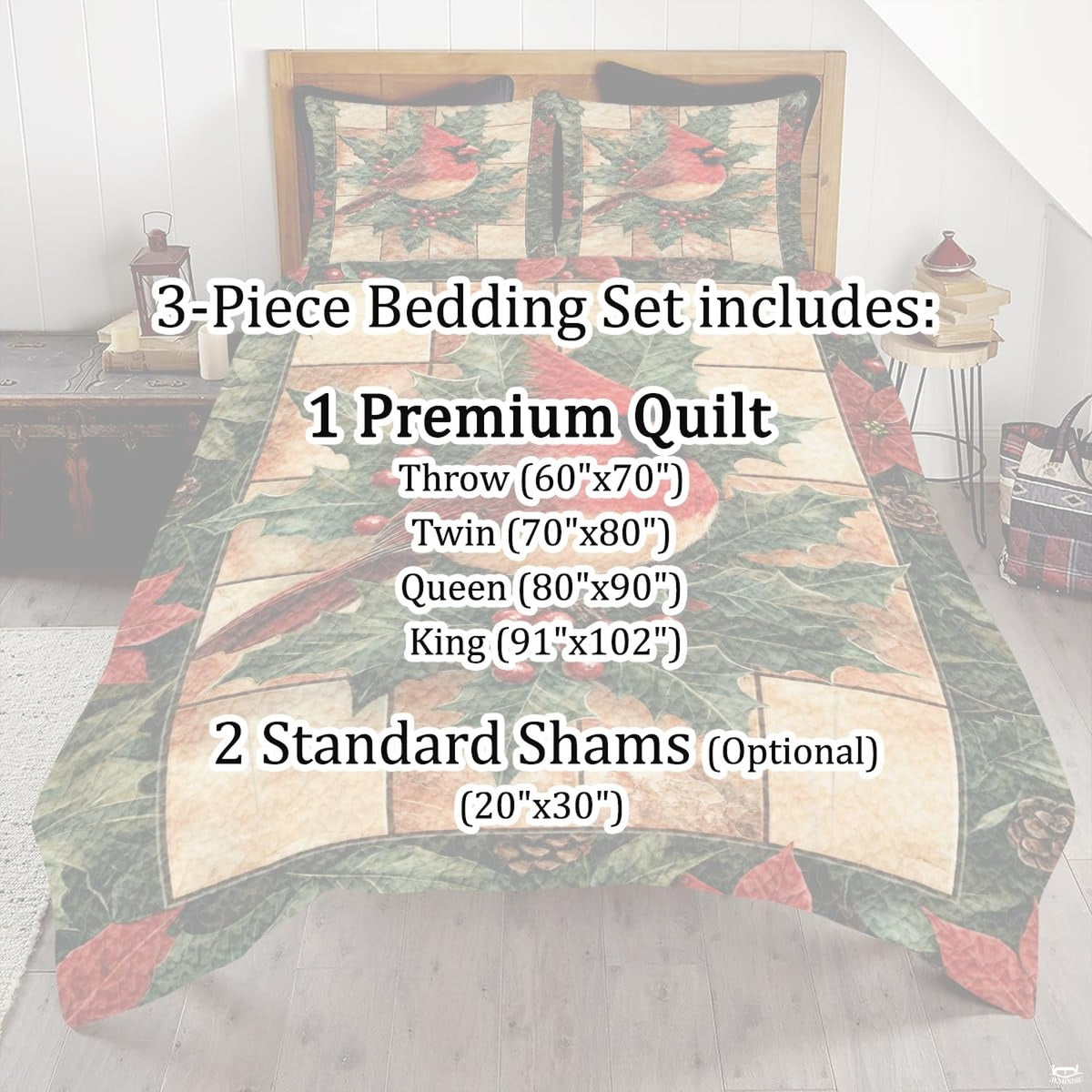 Full room setting featuring red cardinal songbird bedding as the centerpiece of a nature inspired bedroom