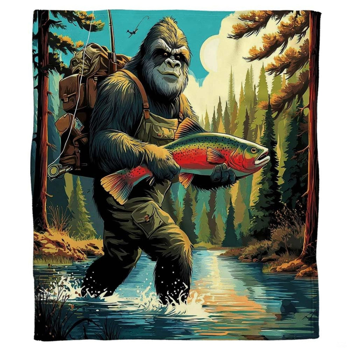 Bigfoot Sasquatch in fishing waders holding a rainbow trout in a mountain river, view 2.