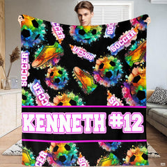Rainbow paint splatter soccer cleats graphic blanket front display