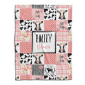 Pink farmhouse calf patchwork throw blanket featuring floral heifers, gingham checks, and cow spots.