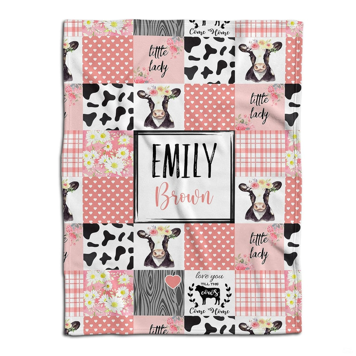 Pink farmhouse calf patchwork throw blanket featuring floral heifers, gingham checks, and cow spots.