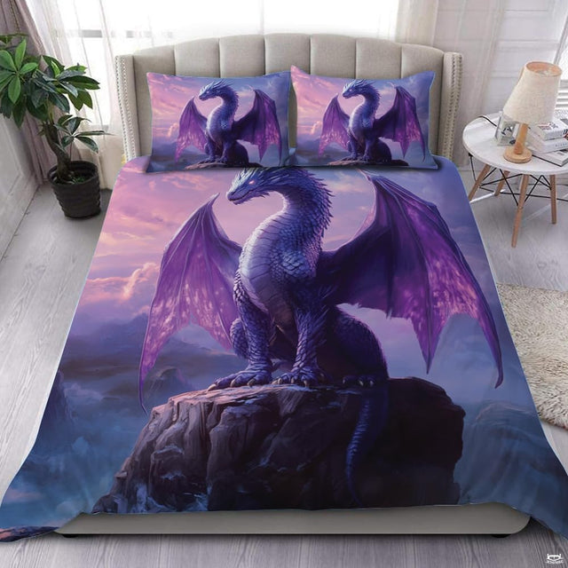 Purple dragon cliff bedding in a bright bedroom