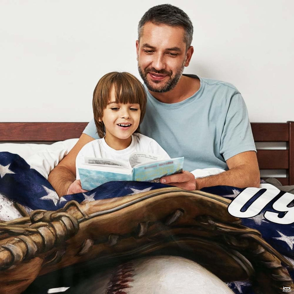 Patriotic baseball glove flag throw blanket view 3 highlighting fielding glove artwork and sports room styling