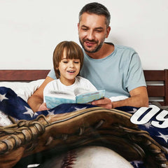 Patriotic baseball glove flag throw blanket view 3 highlighting fielding glove artwork and sports room styling