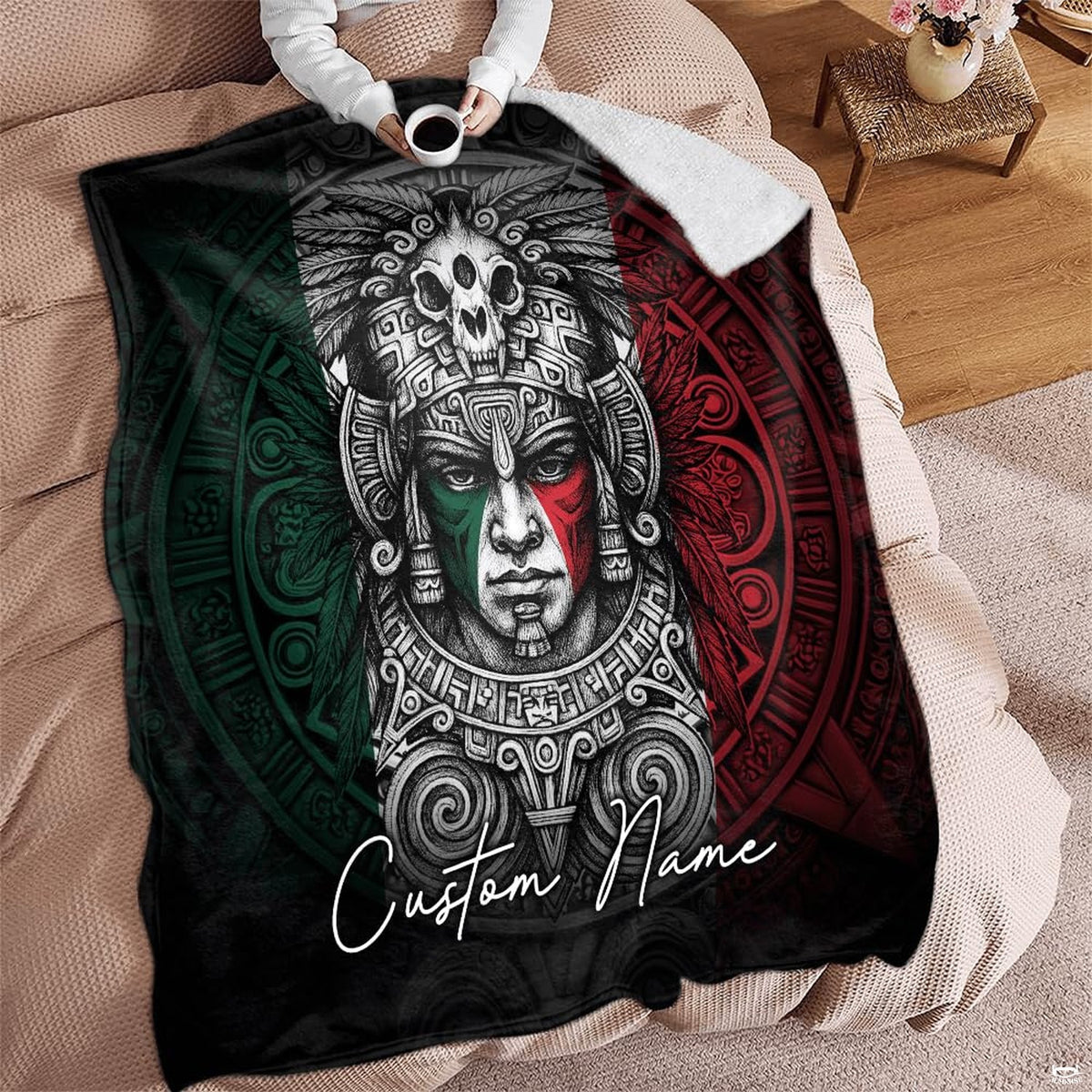 Bedroom setting decorated with an Aztec warrior Mexican flag bedding theme.
