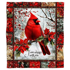 Close up view of the crimson northern cardinal illustration nestled among frosted boughs and winter berries.